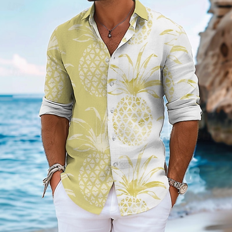 Men's Fruit Summer Hawaiian Shirt Aloha Shirt Long Sleeve Hawaiian Beach Vacation Summer Spring Turndown Button Up Black Yellow Pink Blue Gray2
