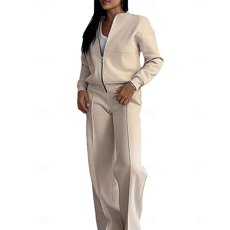 Women's Daily Bolero Top Wide Leg Pants Long Sleeve Solid Color Zipper Outdoor Office Black Pink Beige Spring &  Fall Regular Fit2