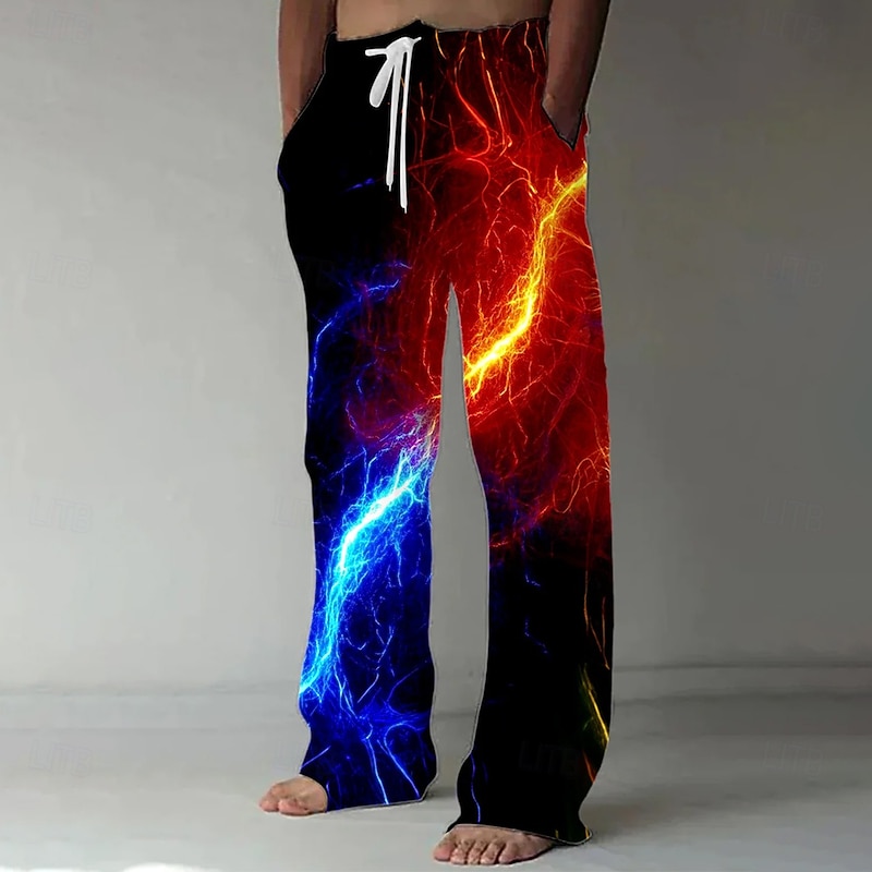Men's Optical Illusion Lightening Pants Trousers Casual Pants Mid Waist Drawstring Elastic Waist Vintage Retro Outdoor Vacation Holiday Straight Leg Trousers Summer Spring Fall 3D Print Black