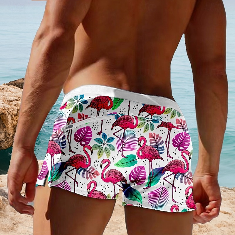 Men's Flamingo Tropical Plants Swim Trunks Swim Shorts Board Shorts Mid Waist 3D Print Hawaiian Surfing Holiday Beach Drawstring with Mesh lining Elastic Waist Designer Clothing Apparel2