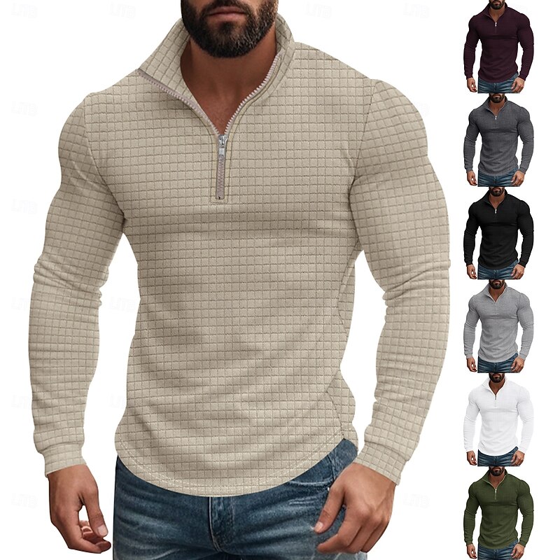 Men's Sweatshirt Quarter Zip Sweatshirt Black White Wine Army Green Khaki Half Zip Plain Ribbed Textured Knit-texture Sports & Outdoor Daily Holiday Polyester Streetwear Basic Casual Spring &  Fall