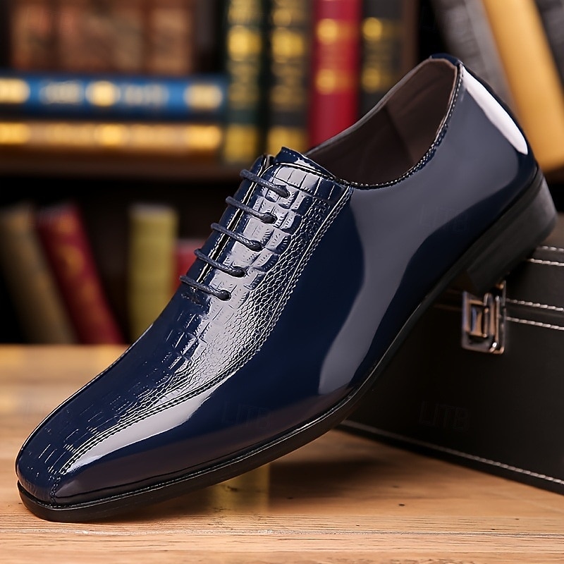 Men's Black Faux Leather Dress Shoes with Crocodile Pattern, Lace-Up Design, and Elegant Formal Style for Office or Special Occasions2