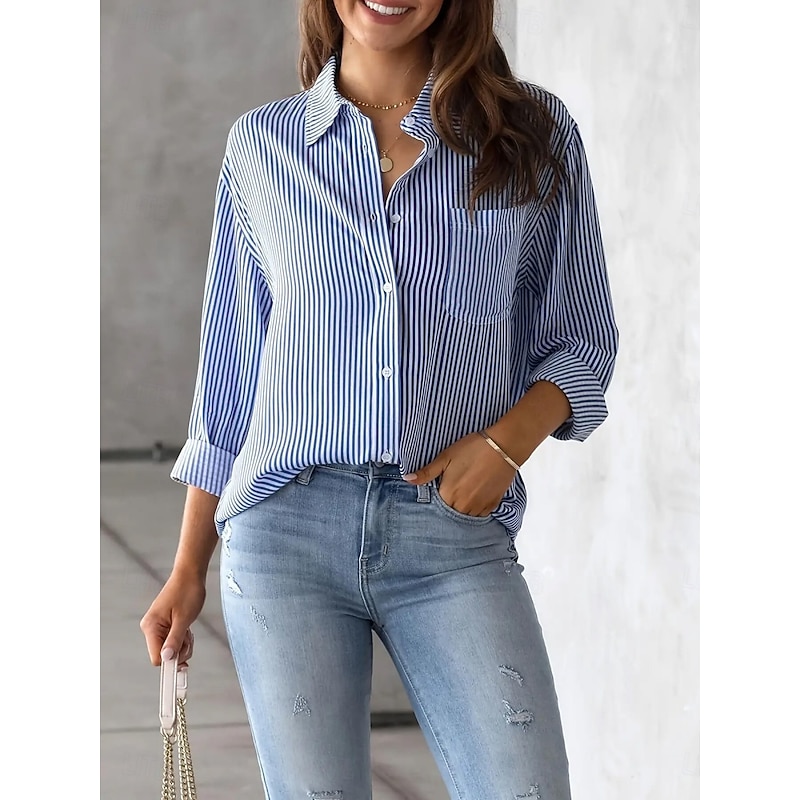 Women's Shirt Blouse Striped Basic Casual Long Sleeve Shirt Collar Regular Tops Daily Buttons Print Pink Blue Purple Gray Summer Spring3