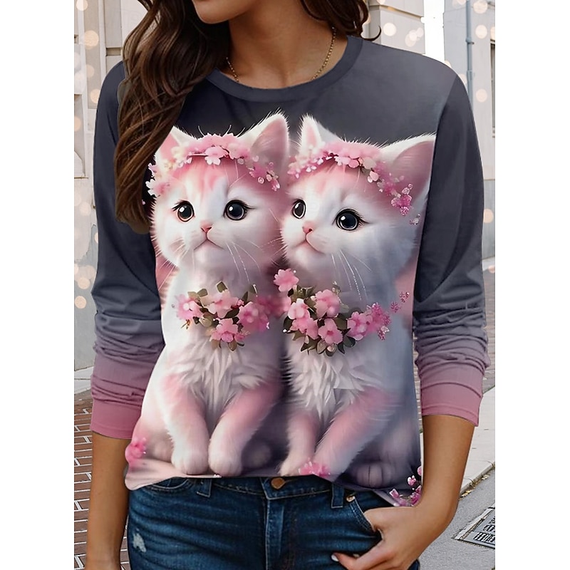 Valentine Women's Funny T Shirt Casual Floral Cat Regular Tops  Print Regular Fit Daily Pink Spring Fall