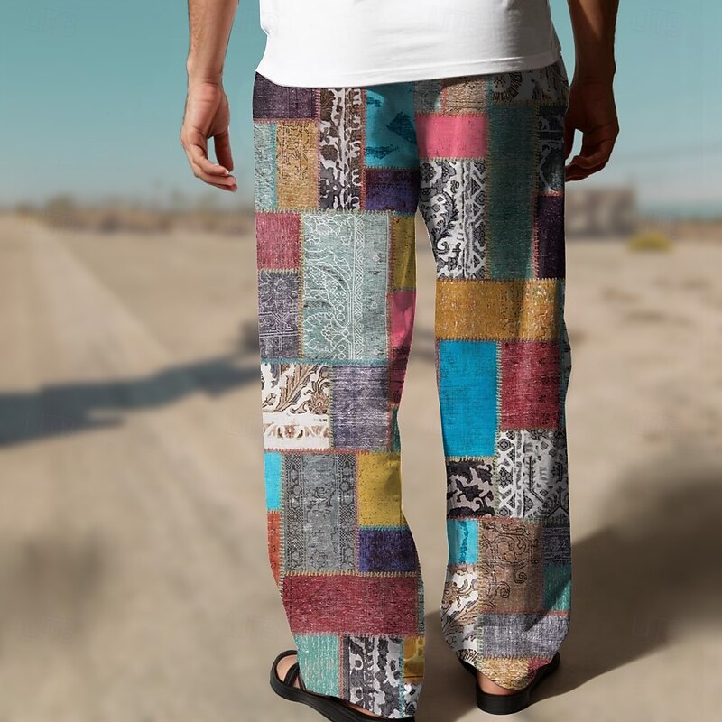 Men's Color Block Patchwork Mid Waist Hawaiian Casual Outdoor Casual Holiday Straight Leg Trousers Summer Spring 3D Print Red Blue Brown4