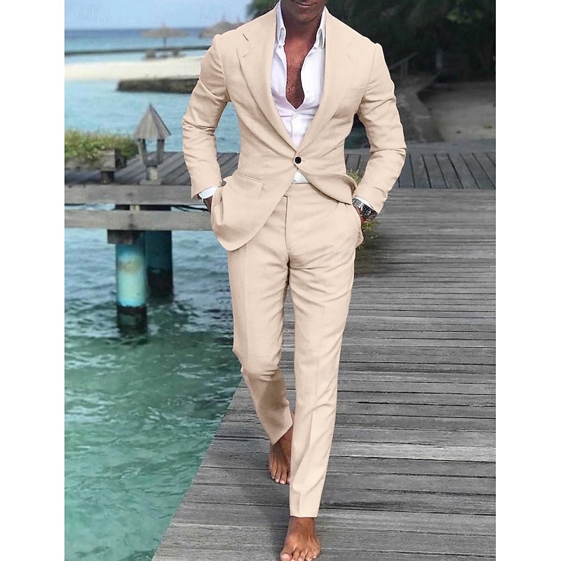 Men's Wedding Beach Linen Suits Closure collar Light Blue pea green Solid Colored Tailored Fit 2 Piece Single Breasted One-button3
