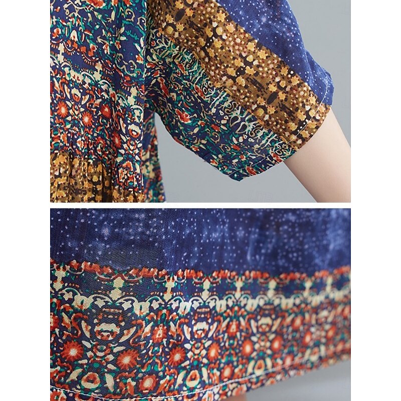 Women's Maxi Dress Casual Dress Boho Dress Bohemia Vintage Casual Vacation Daily Loose Fit Graphic 3/4 Length Sleeve Crew Neck Yellow Blue Spring Fall4