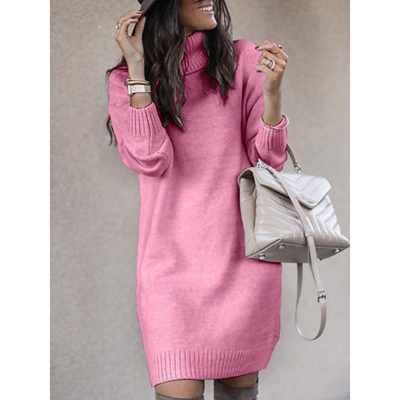 Women's Sweater Dress Casual Soft Pure Color Ribbed Turtleneck Knitted Long Sleeve Long Tops Knit Outdoor Daily Weekend Yellow Pink Fall Winter