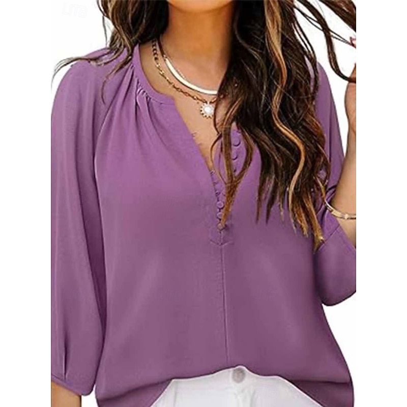 Women's Shirt Blouse Solid Color Business Modern Casual 3/4 Length Sleeve V Neck Regular Tops Work Formal Wear Buttons Purple Beige Summer Spring2