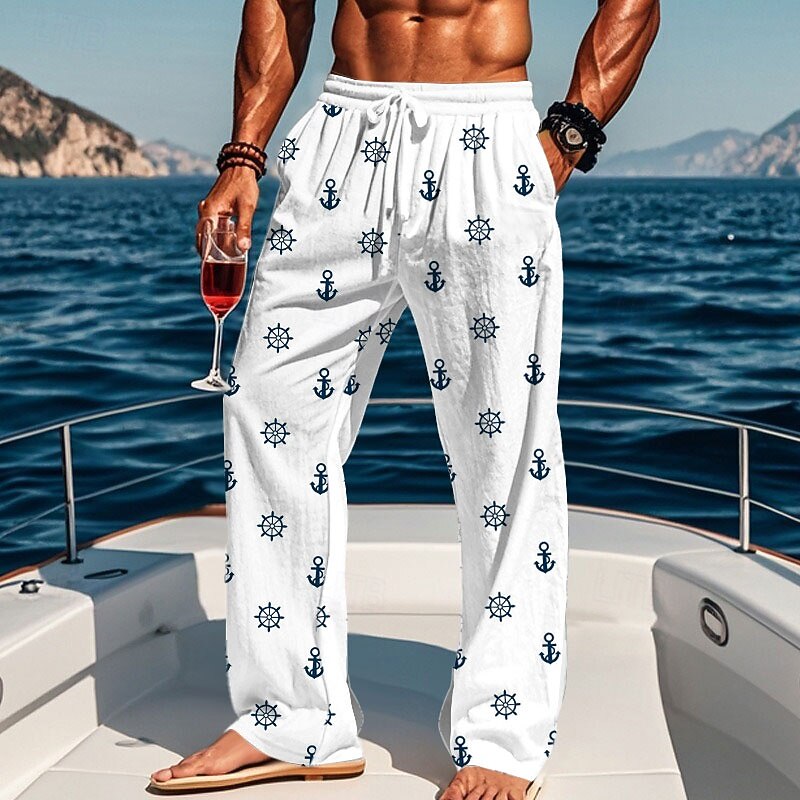 Men's Nautical Anchor Compass Pants Trousers Casual Pants Mid Waist Drawstring Elastic Waist Hawaiian Casual Outdoor Vacation Holiday Straight Leg Trousers Summer Spring Fall 3D Print White Blue khaki