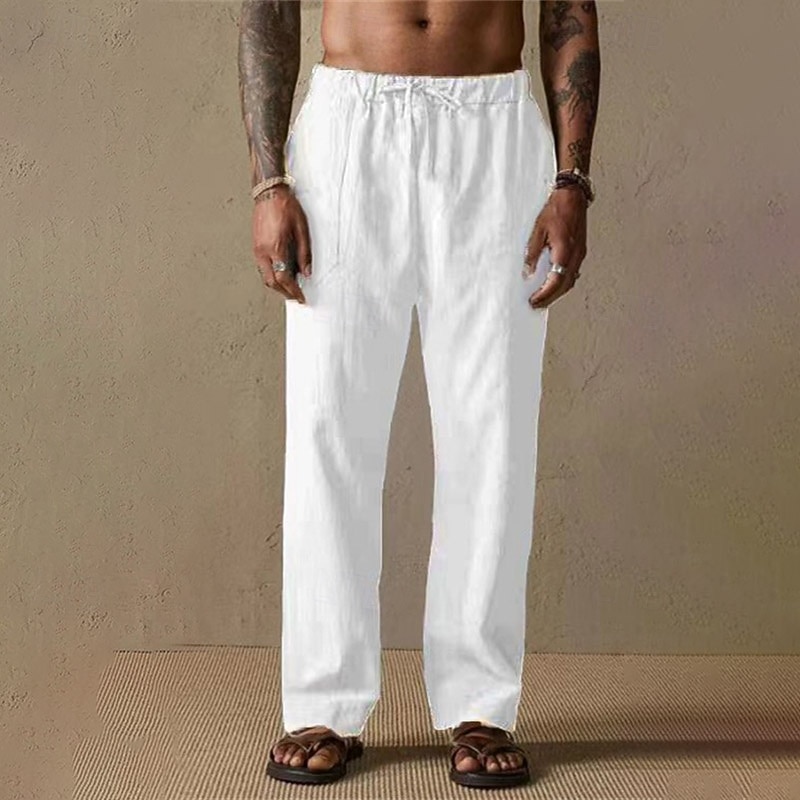 Men's Linen Pants Trousers Summer Pants Gauze Pants Drawstring Elastic Waist Straight Leg Plain Comfort Breathable Full Length Outdoor Casual Daily Fashion Classic Style Black White2