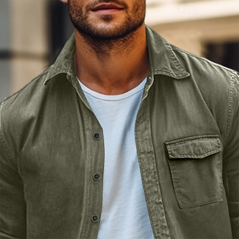 Men's Shirt Work Shirt Button Up Shirt Cargo Shirt Black Green Long Sleeve Plain Lapel Vacation Holiday Pocket Clothing Apparel Fashion Casual Comfortable4