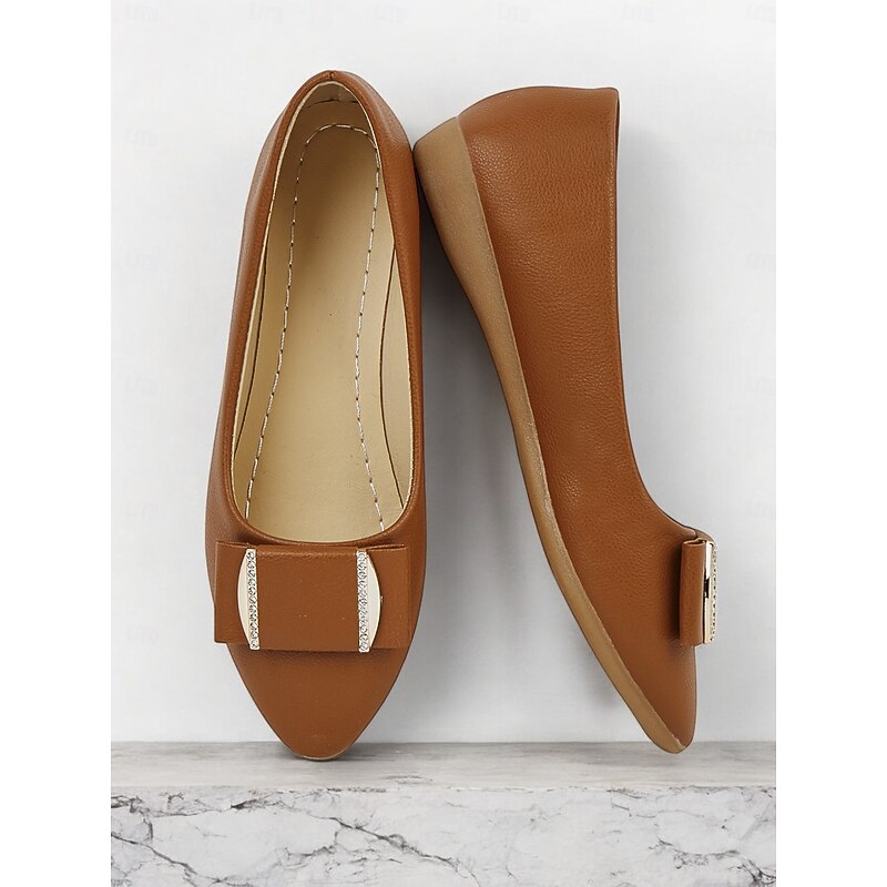 Women's Brown Faux Leather Pointed-Toe Flats with Bow and Rhinestone Detailing - Casual and Office Wear Shoes3