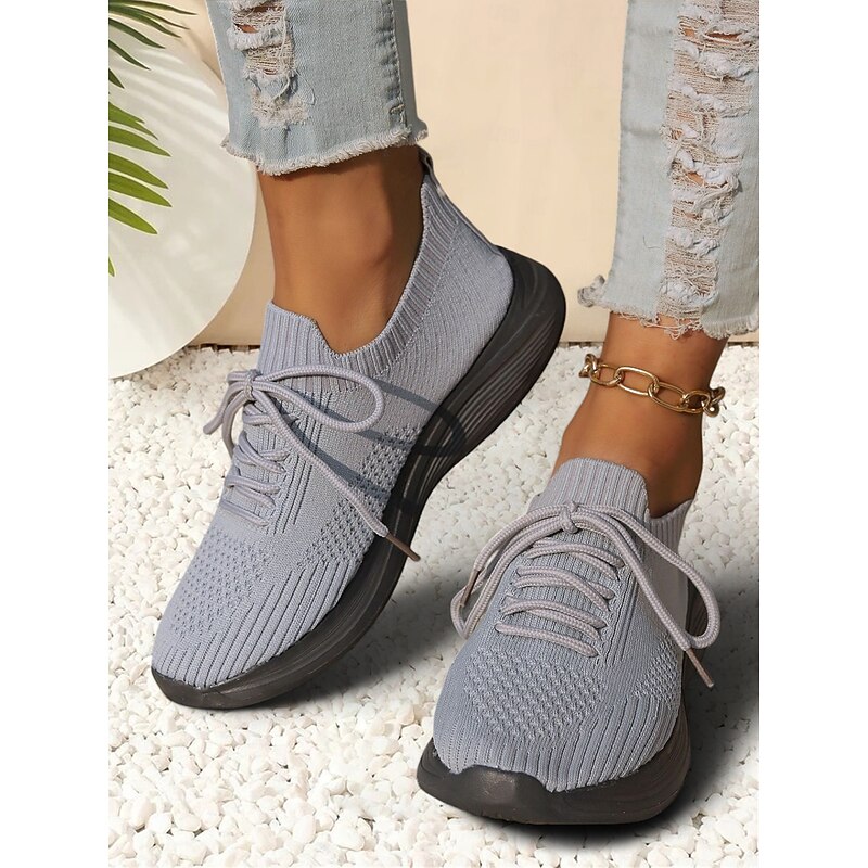 Women's Gray Lightweight Knit Lace-Up Sneakers – Breathable Athletic Shoes for Running, Walking and Everyday Comfort2