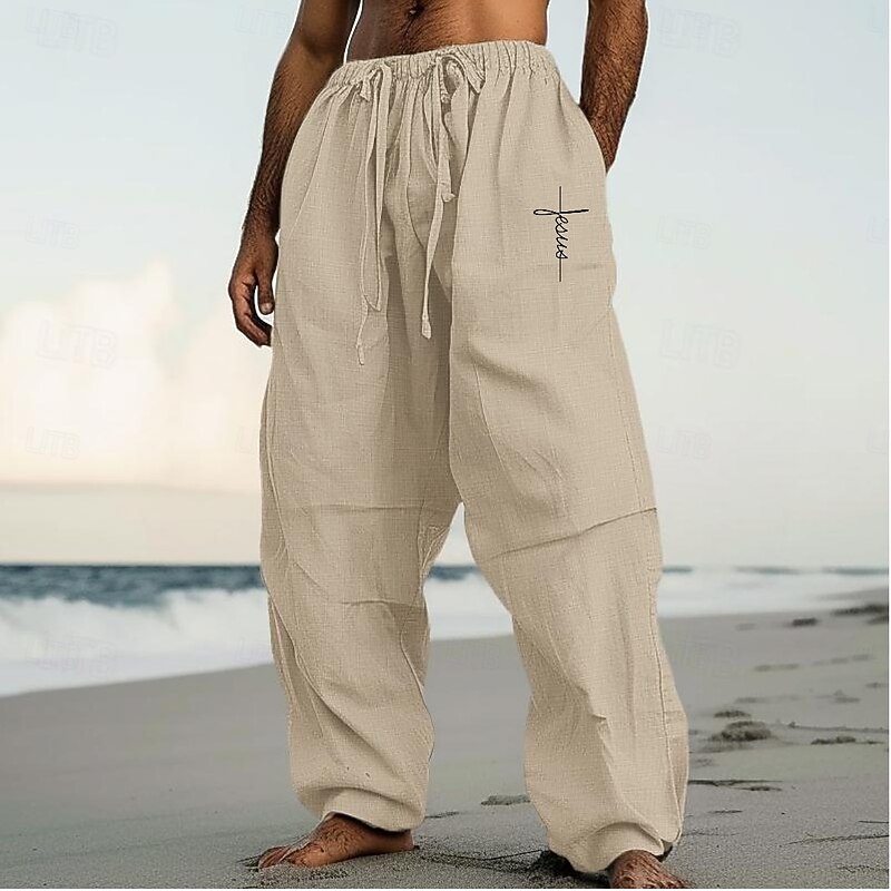 Men's Linen Pants Trousers Summer Pants Baggy Pants Pocket Drawstring Elastic Waist Plain Comfort Breathable Full Length Casual Daily Holiday Vacation Streetwear Black White4