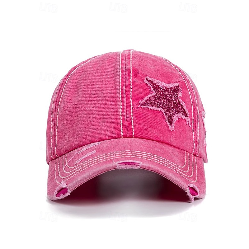 Women's Distressed Baseball Cap with Star Embroidery, Ponytail Hole Design, Adjustable Vintage Style Hat for Outdoor Activities, Sports, and Casual Wear4
