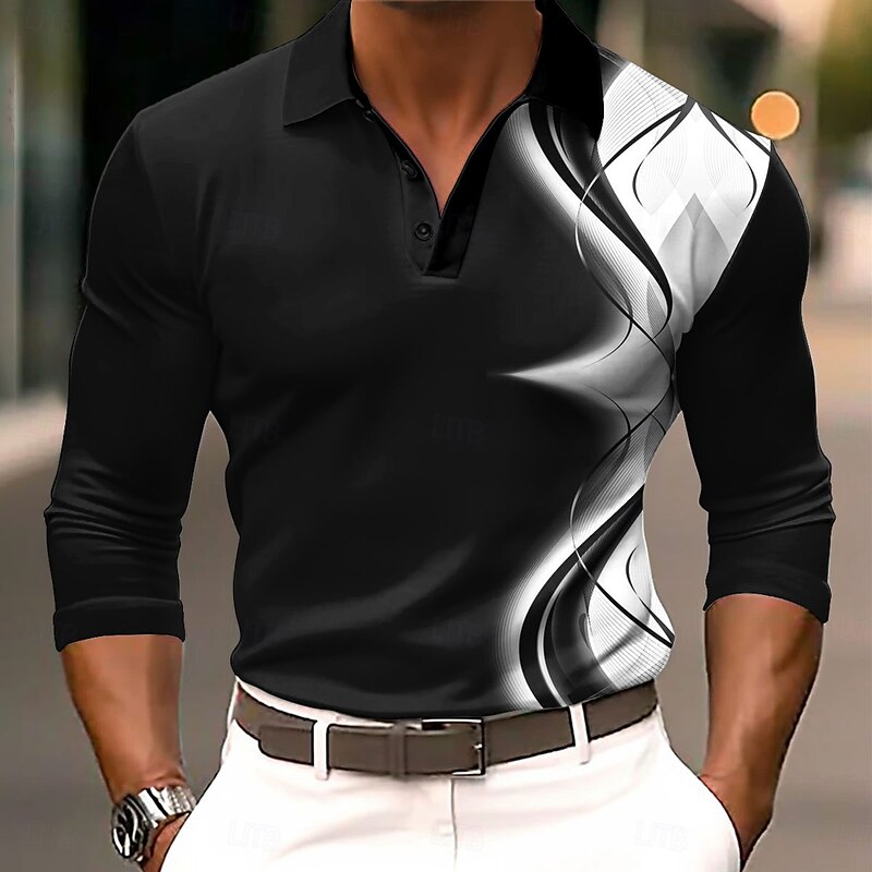 Men's Polo Shirts Golf Shirt Long Sleeve Polo Shirts Collared Shirts Casual Business Casual Dailywear Athleisure 3D Print Buttons Spring Fall Winter Black Blue