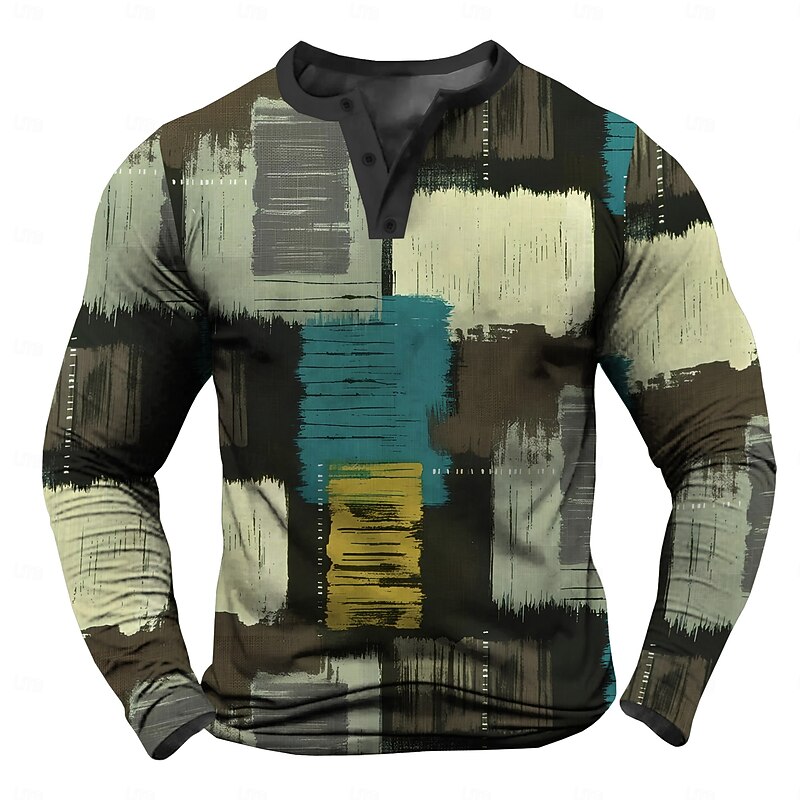 Men's Graphic Patchwork Geometrical Henley Shirt Tee Vintage Shirt Long Sleeve Fashion Designer Comfortable Outdoor Casual Daily Spring &  Fall Black Green Gray Henley Henley T-Shirt
