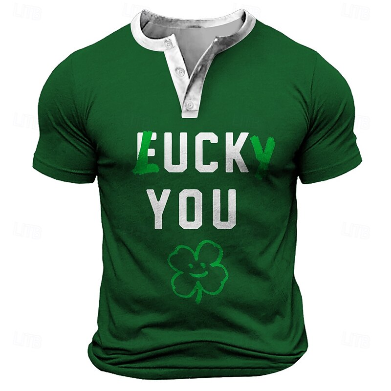 Men's St. Patrick Funny "LUCKY YOU" T Shirt Henley Shirt Short Sleeve Designer Retro Vintage Street Casual Daily Summer Spring Black Gray Green Henley Henley T-Shirt3