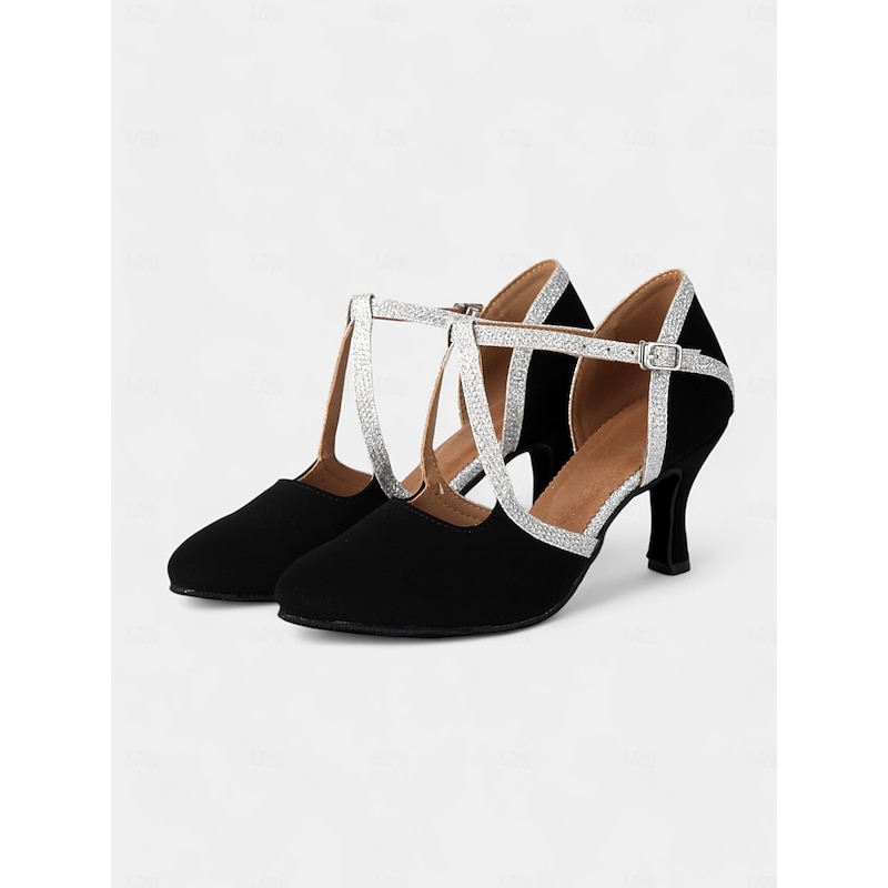 Women's Stylish Black Suede Latin Dance Shoes with Soft Suede Sole and Glitter Strap | Perfect for Practice and Performances