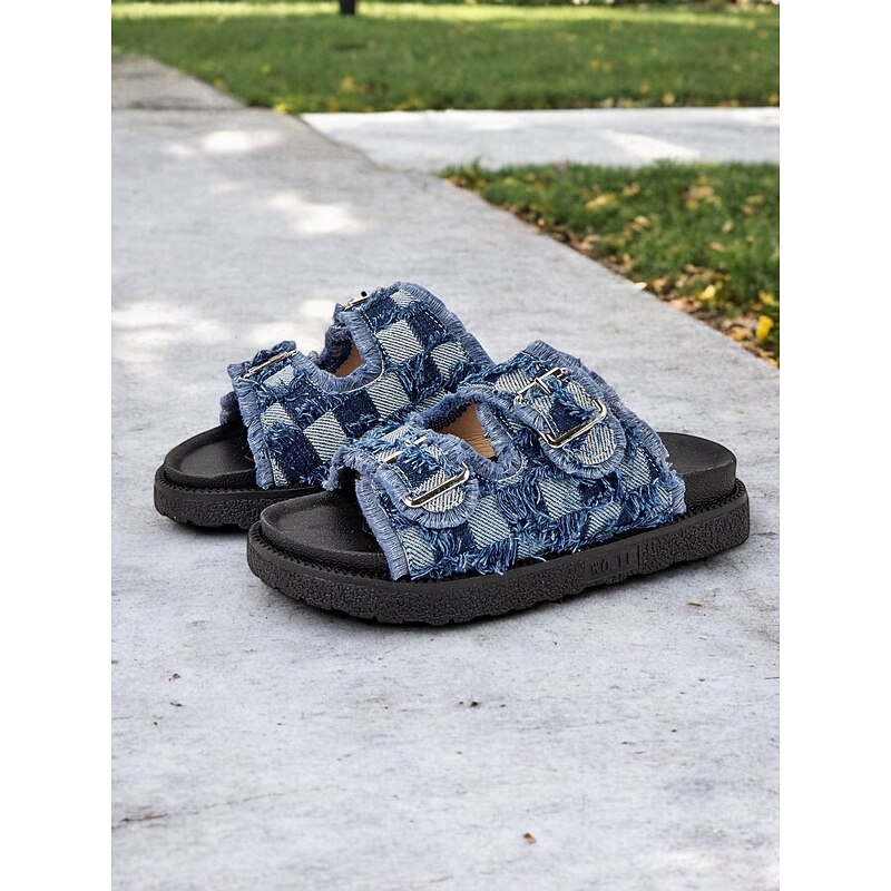 Women's Comfortable Blue Distressed Denim Double Buckle Slides with Thick Sole Perfect for Everyday Wear4
