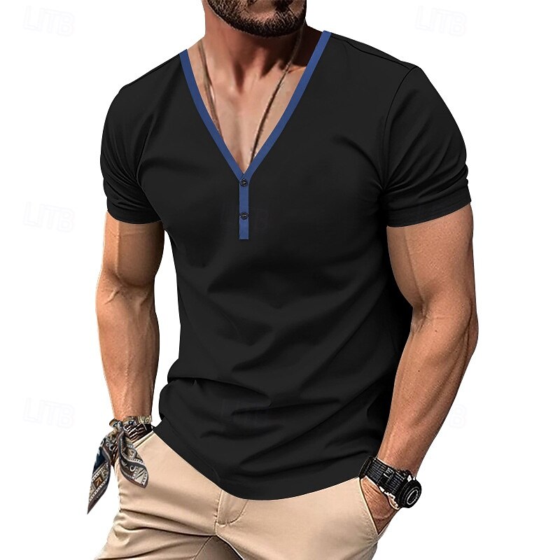 Men's Button T Shirt T Shirt Henley Shirt Tee Short Sleeve V Neck Henley Spring & Summer Color Block Solid / Plain Color Fashion Designer Patchwork Vacation Street Going out Black White Wine Top Tee