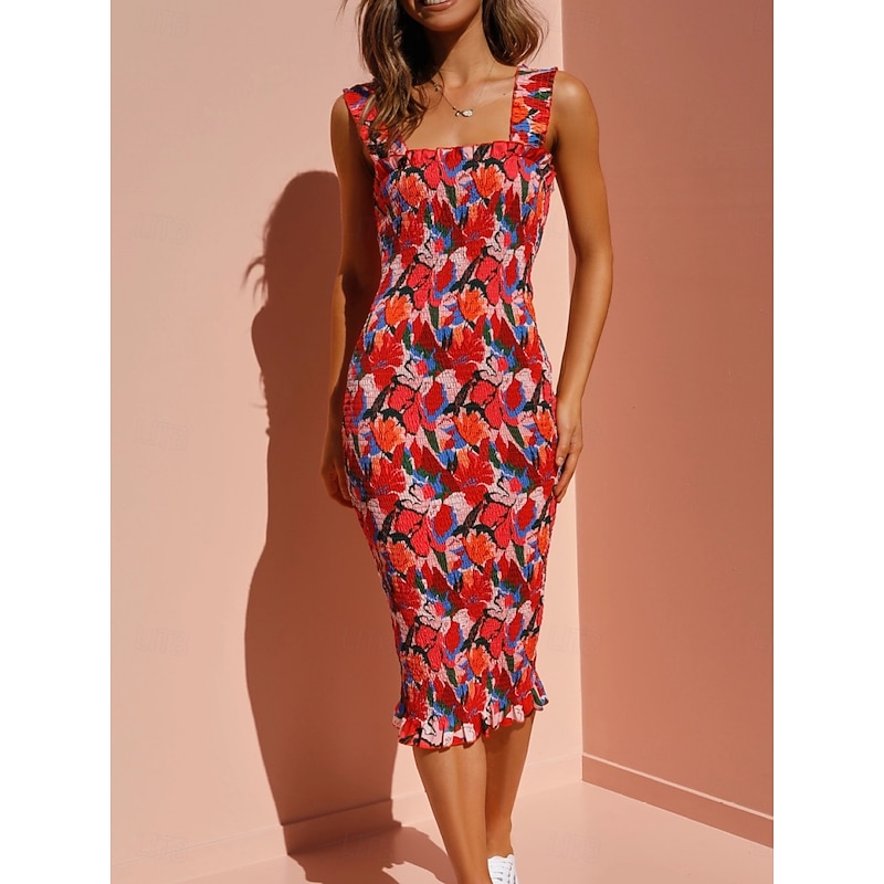 Women's Valentine Dress Bodycon Slip Dress Floral Midi Dress Sleeveless Square Neck Print Regular Fit Vacation Daily Stylish Casual Red Summer Spring