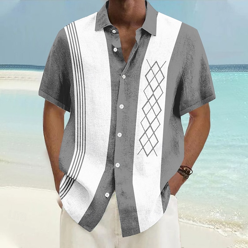 Men's Geometric Casual Shirt Bowling Shirt Button Up Shirt Short Sleeve Casual Vacation Casual Summer Spring Turndown Button Up Light Blue Yellow Green Dark Blue Gray2