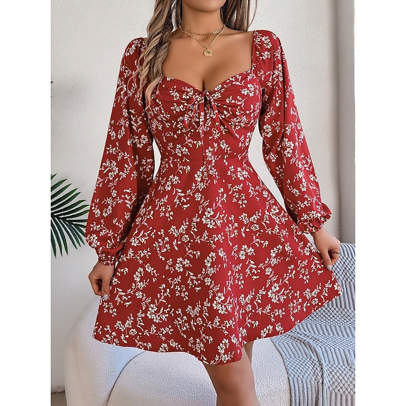 Women's Mini Dress Casual Dress A Line Dress Stylish Casual Vacation Daily Regular Fit Floral Long Sleeve Square Neck Red Navy Blue Spring Fall