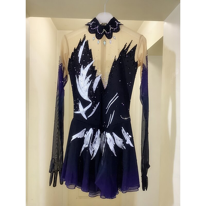 Figure Skating Dress Women's Girls' Ice Skating Dress Black Thumbhole Halo Dyeing Mesh Spandex Stretchy Training Practice Professional Skating Wear Thermal Warm Classic Crystal / Rhinestone Long3