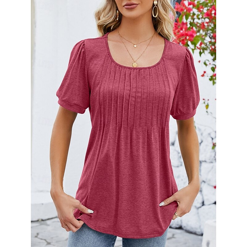 Women's Shirt Blouse Solid Color Basic Casual Short Sleeve Crew Neck Regular Tops Daily Ruched White Wine Navy Blue Summer Spring4