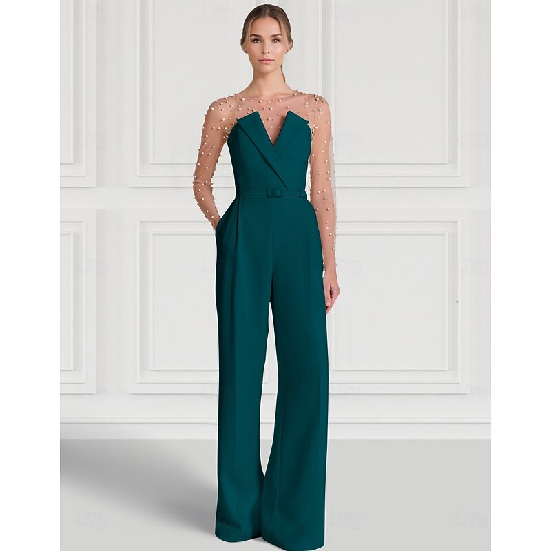 Jumpsuits Evening Gown Elegant Dress Formal Wedding Floor Length Long Sleeve Illusion Neck Pocket Stretch Crepe with Pearls Pocket3