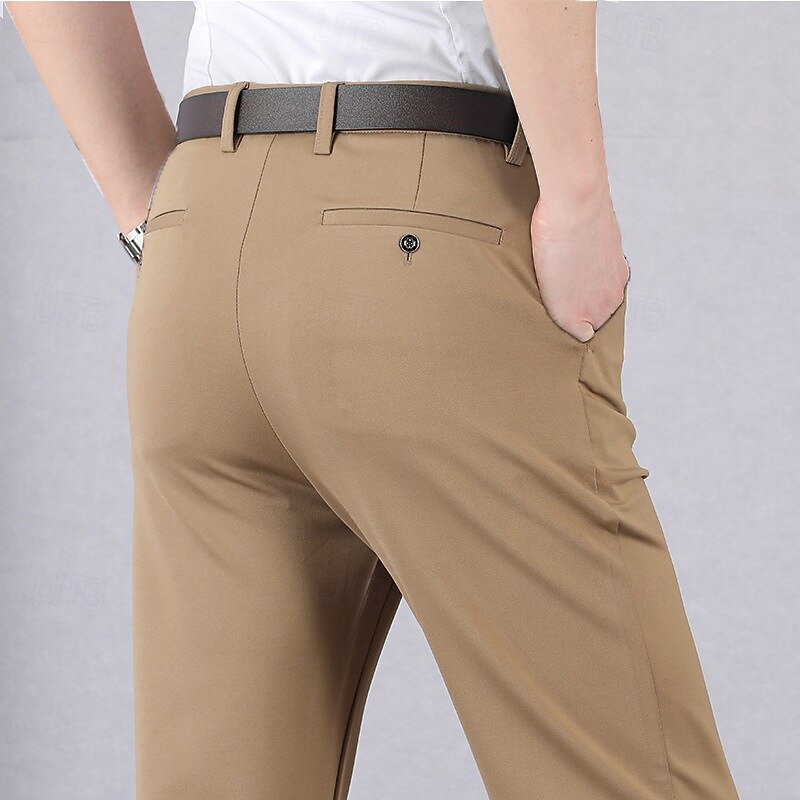 Men's Graduation Dress Pants Trousers Chinos Buttons Pocket Solid Color Comfort Formal Party Work Fashion Classic Style Black Wine Micro-elastic