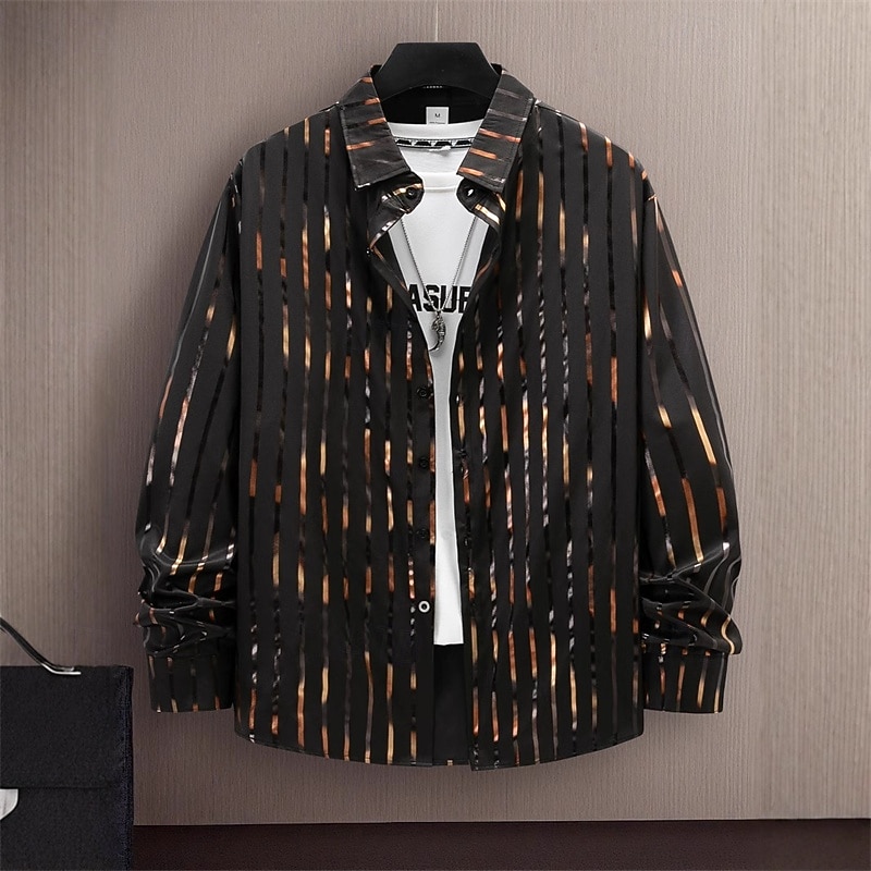 Men's Shirt Summer Shirt Casual Shirt Beach Shirt Button Up Shirt Striped Shirts Black White Navy Blue Sky Blue Drak Red Long Sleeve Stripe Bronzing Lapel Vacation Hawaiian Button-Down Clothing2