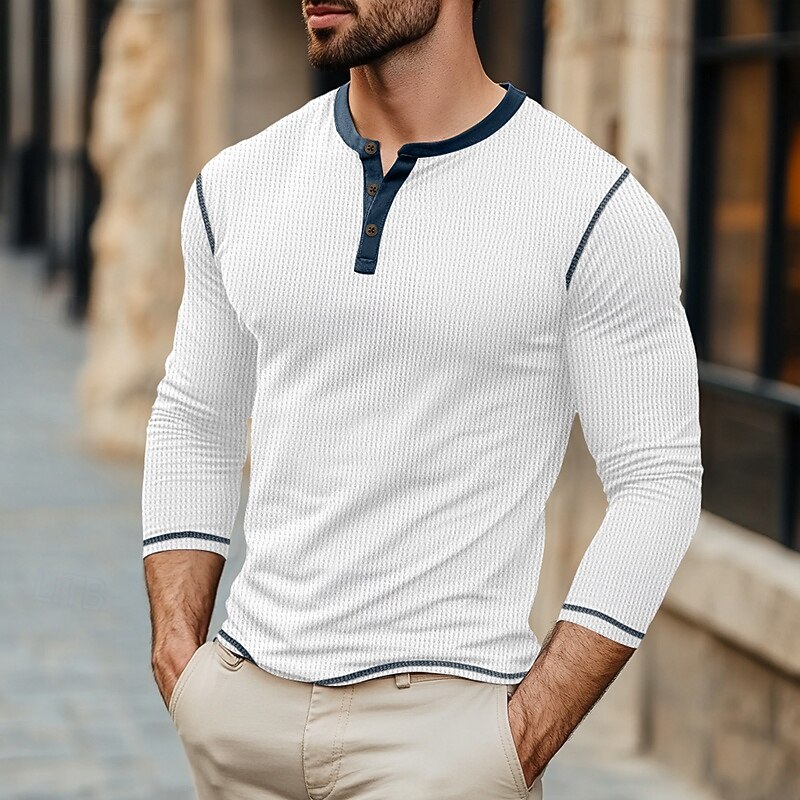 Men's T Shirt Henley Shirt Waffle Knit Tee Tee Top Long Sleeve Henley Spring &  Fall Color Block Fashion Designer Basic Patchwork Vacation Street Going out Black White Blue Top Tee for Men