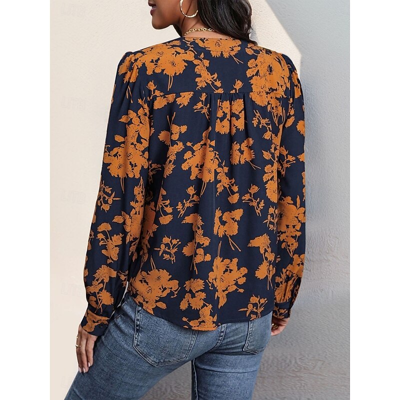 Women's Shirt Blouse Floral Stylish Casual Long Sleeve Notched Neck Regular Tops Daily Print Navy Blue Summer Spring Fall2