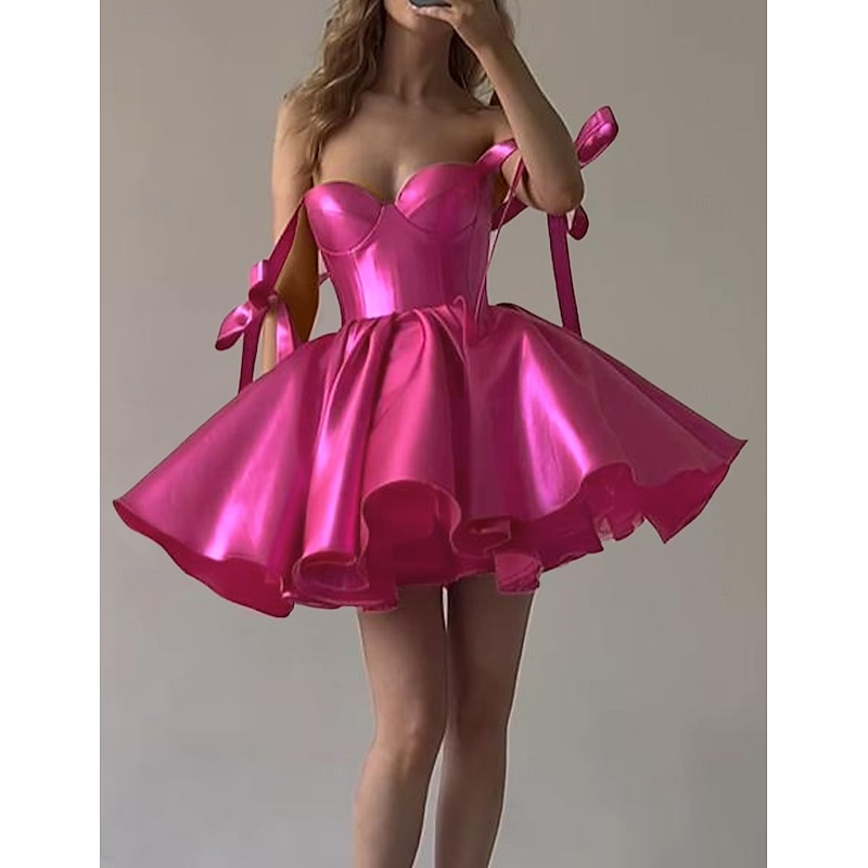 Beach Wedding A-Line Homecoming Dresses Corsets Dress Holiday Graduation Short / Mini Sleeveless Spaghetti StrapDress Satin with Bow(s)