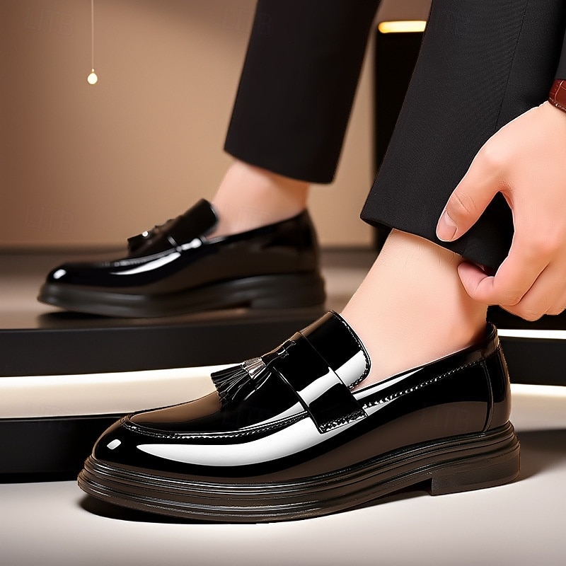 Men's Black Patent Leather Tassel Loafers – Elegant Slip-On Dress Shoes for Formal Events, Weddings, and Business Wear3