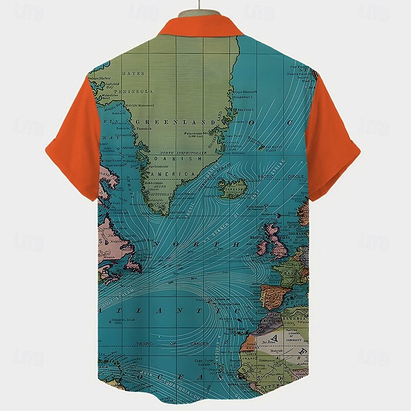 Men's World Map Casual Shirt Button Up Shirt Short Sleeve Casual Casual Summer Spring Turndown Button Up Blue Orange3