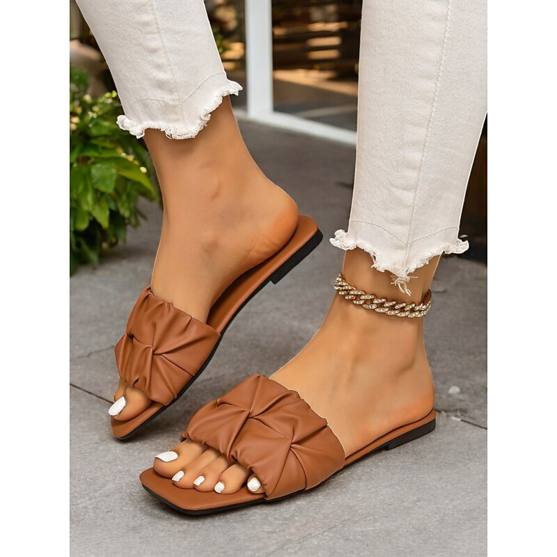 Women's Square-Toe Slip-On Sandals with Ruffled Faux Leather Straps, Minimalist Casual Style for Summer Outfits and Everyday Wear2