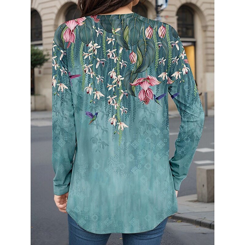 Women's T Shirt Floral Casual Long Sleeve Crew Neck Long Tops Daily Print Blue Fall Winter2