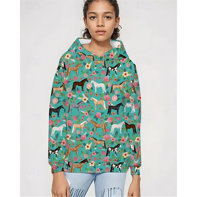 Girls' 3D Floral Graphic Horse Hoodie Long Sleeve Spring Fall Fashion Streetwear Kids 4-12 Years Hooded Outdoor Casual Daily Regular Fit3