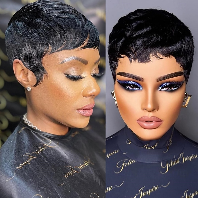 Human Hair Wig Short Natural Wave Pixie Cut Blonde Burgundy Natural Black Adjustable Natural Hairline For Black Women Machine Made Capless Brazilian Hair All Natural Black #1B Medium Auburn#30 Dark