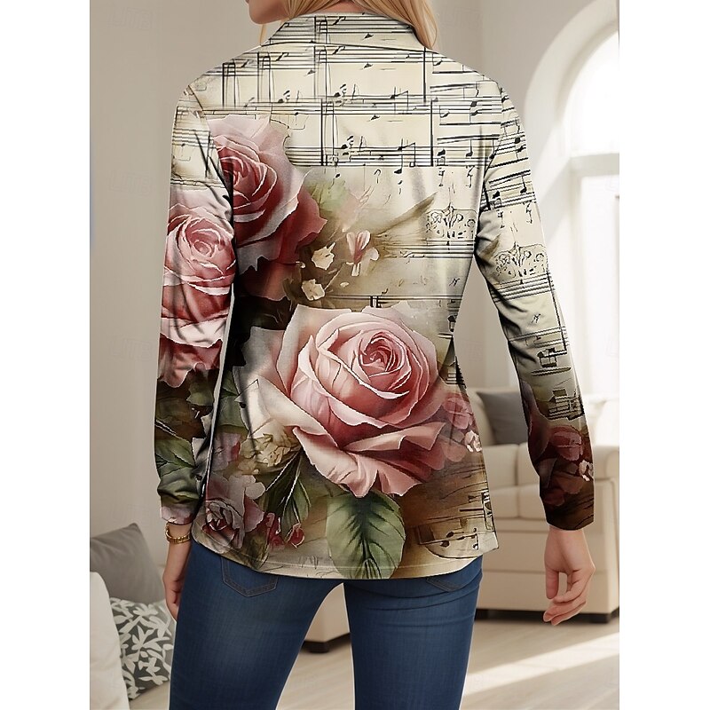 Women's T Shirt Rose Modern Long Sleeve V Neck T Shirt Collar Regular Tops Work Print Black White Yellow Pink Red Summer Spring Fall2