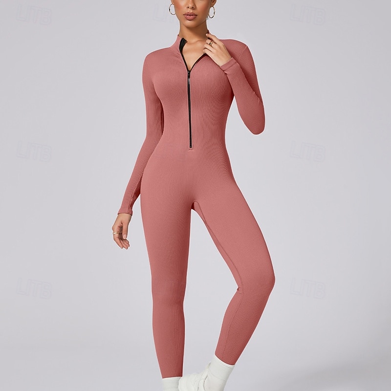 Women's Jumpsuit Workout Jumpsuit Onesie Zipper Solid Color Bodysuit Romper Silver Black Yoga Fitness Gym Workout Breathable Soft Long Sleeve Sport Activewear Micro-elastic Slim