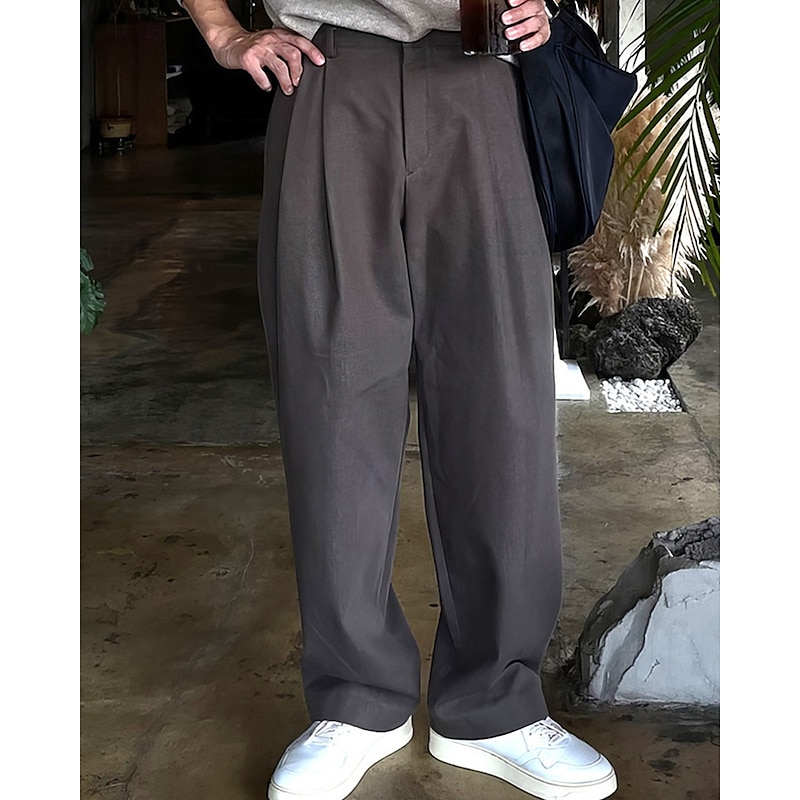 Men's Dress Pants Trousers Chinos Slacks Pleated Pants Buttons Pocket Straight Leg Plain Comfort Formal Party Work Fashion Classic Style Black Dark Gray Micro-elastic2