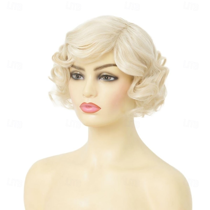 Short Blonde Finger Wave Wig for Women 1920s Curly Synthetic Flapper Wig Heat Resistant Side Part Vintage Cosplay Costume Hair Wig Halloween Wigs4