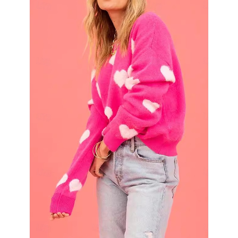 Women's Valentine Sweater Casual Soft Heart Graphic Ribbed Crew Neck Knitted Long Sleeve Regular Tops Knit Outdoor Daily Weekend Red Fall Winter4