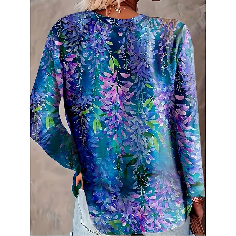 Women's T shirt Long Sleeve Crew Neck Long Sleeve Tunic Ombre Plants Casual Round Neck Regular Tops Daily Print Pink Blue Sky Blue Dusty Blue Light Blue Spring Fall Prefall3