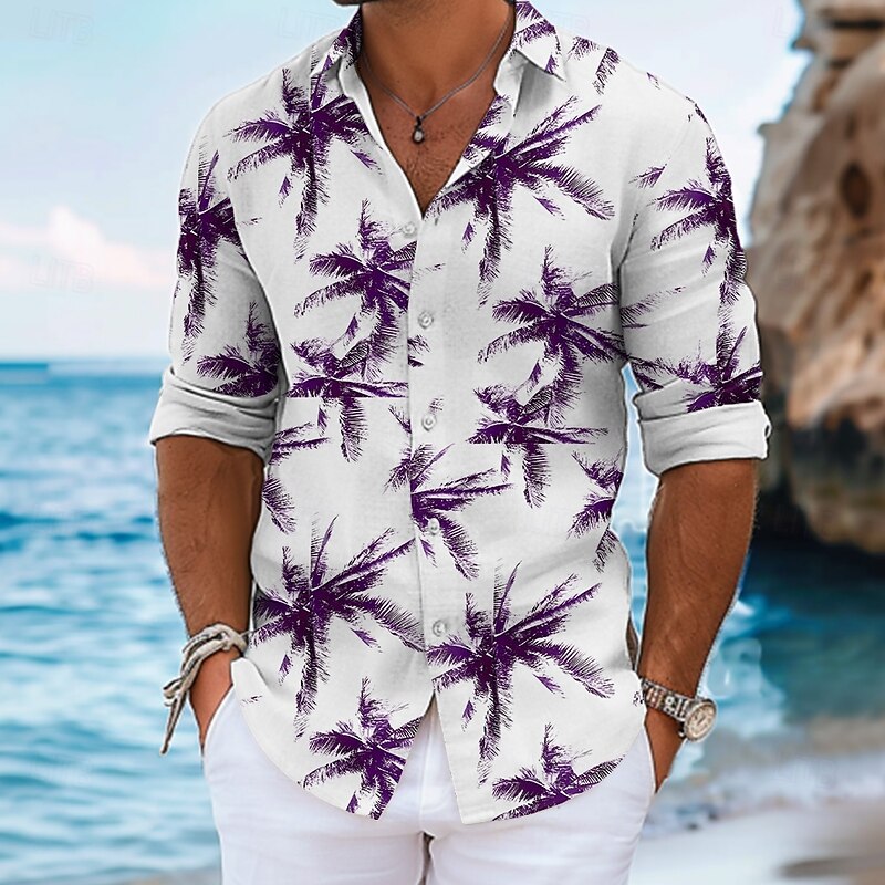 Men's Palm Tree Summer Hawaiian Shirt Aloha Shirt Long Sleeve Hawaiian Beach Vacation Summer Spring Turndown Button Up Blue Purple Green3